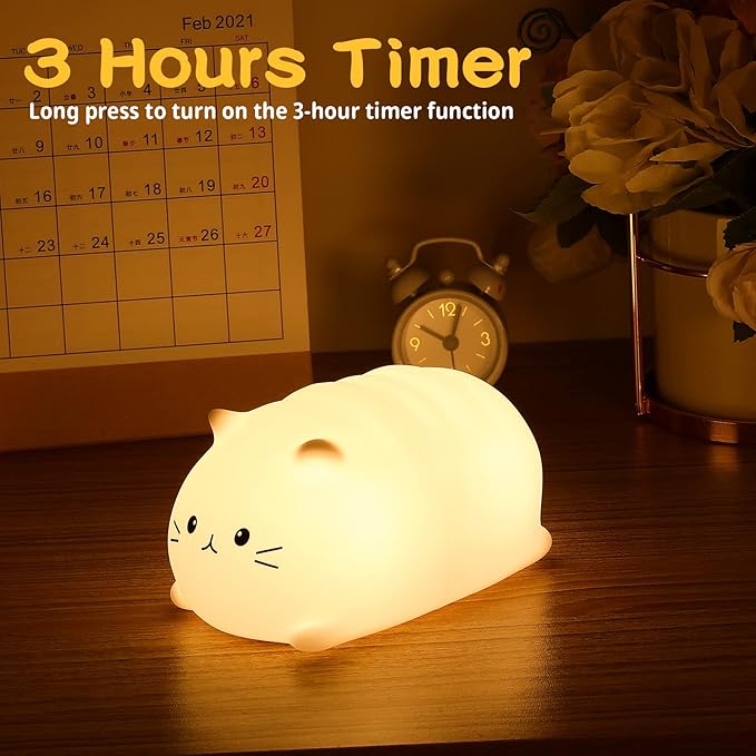Tremdwoto Cat Night Light for Kids,Cute Colorful Night Light Baby Girl Squishy Night Lights Lamp 3 Hour Timer Kitty Light USB Rechargeable Nursery Lamp Nightlight ，Gifts for Boys and Girls - Bloomnest