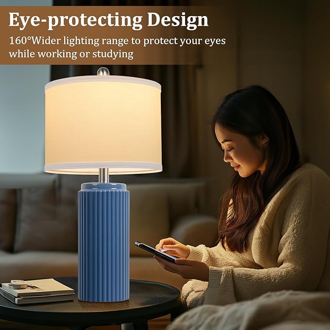 TOBUSA 23.5’’ Blue Table Lamps for Bedroom Set of 2, Modern Farmhouse Ceramic Bedside Nightstand Lamps for Living Room, Decorative Boho Ceramic Lamps Set for Home Office End Table Console, White Shade - Bloomnest