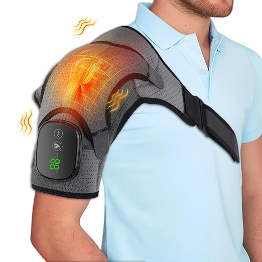 Cordless Heated Shoulder Brace Wrap, Heating Pad with Massage, 3 Heat & Vibration, 5000mAh Battery Powered, Shoulder Massager for Men Women - Bloomnest