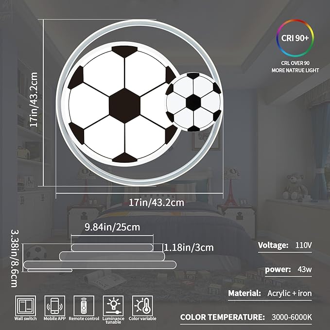 Modern Ceiling Light LED Kids Room Ceiling Lamp for Bedroom Dimmable Soccer Flush Mount Ceiling Light with Remote Control 17" Living Room Light Fixtures for Boys Room,Kitchen 3000k-6000K - Bloomnest