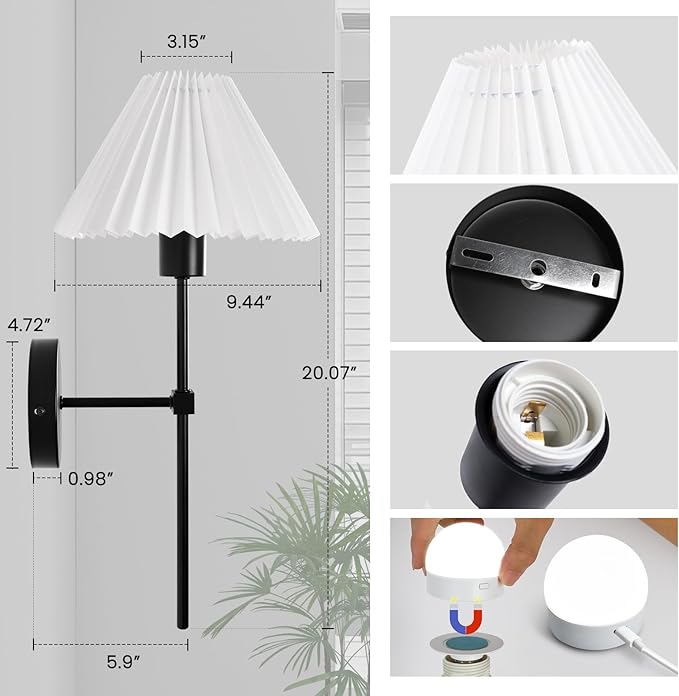 Rechargeable Battery Operated Wall Sconces Sets of 2, 15 Colors Wireless Wall Sconce, Black Wall Lights Fixture with Dimmable Bulbs and Remote, Not Hardwired Wall Mounted Lamps for Bedroom Living Room - Bloomnest