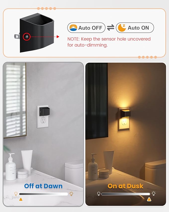 NIORSUN Night Lights Plug Into Wall, Auto Brightness Sensor Night Light, 3000K Warm White, Ultra-Slim Wall Light for Hallway Bathroom Bedroom Stairs, Black, 8 Pack - Bloomnest