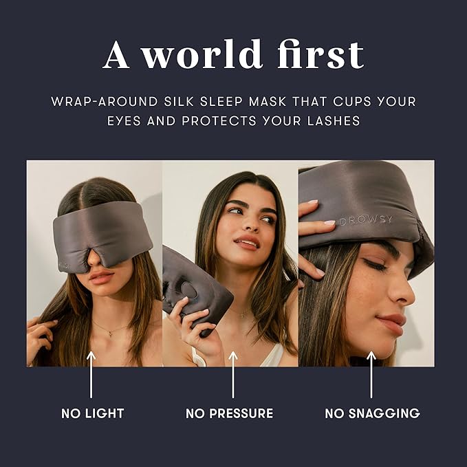 DROWSY Eyelash Protecting Silk Sleep Mask for Natural Lashes & Extensions. Deep Eye Cups, Zero Pressure, Total Blackout, Full Wraparound (Moonlight Shadow)