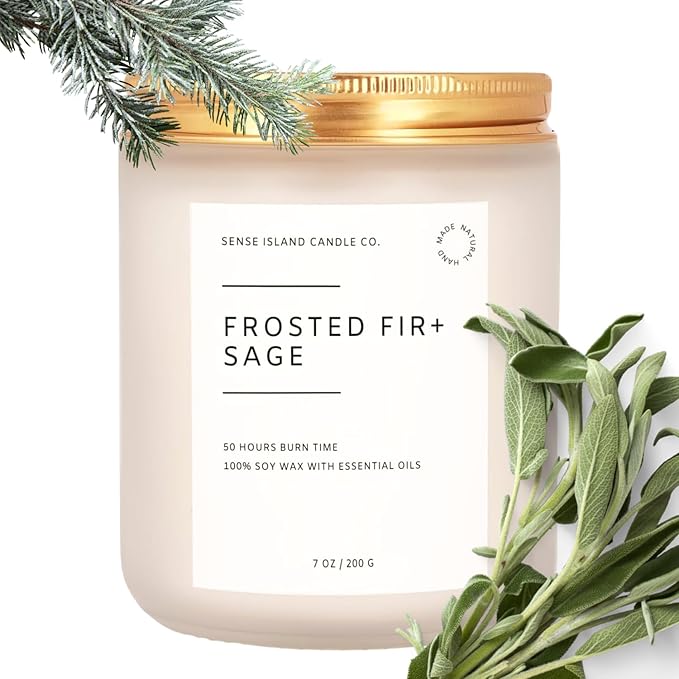 SENSE ISLAND Frosted Fir and Sage Scented Candle for Home Scented, Natural Soy Wax 50 Hrs Burn Time Highly Scented Candle Gifts for Women and Men - Bloomnest