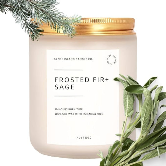 SENSE ISLAND Frosted Fir and Sage Scented Candle for Home Scented, Natural Soy Wax 50 Hrs Burn Time Highly Scented Candle Gifts for Women and Men - Bloomnest