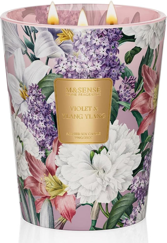 M&SENSE Violet YlangYlang Scented Candle, 3 Wick Soy Natural Wax Candles, 35oz 150H Long Lasting, Aromatherapy Sleep Calm Home Fragrance for Women Men - Bloomnest