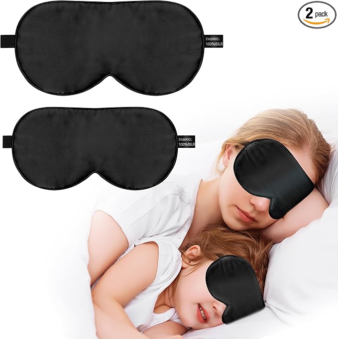 Silk Sleep Mask Eye Cover, 100% Real Natural Silk Eye Mask for Sleeping with Adjustable Strap, 100% Silk Filling Blindfold, Eye Shade for Kids/Teens/Adults, Sleeping Masks for Family (2 Black) - Bloomnest