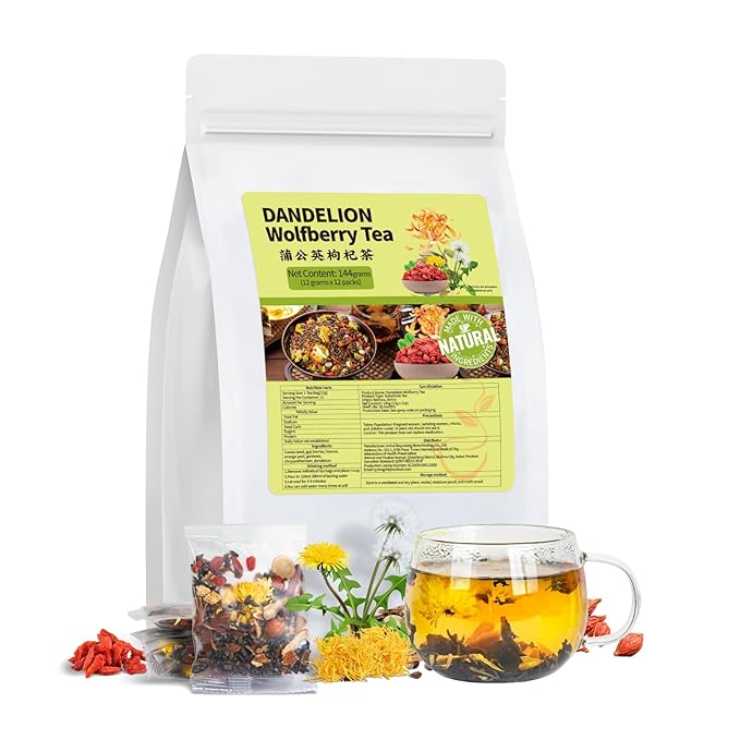 Dandelion Wolfberry Tea Bags, Natural Kidneys & Liver Health Tea with Dandelion, Chrysanthemum, Wolfberry, Cassia Seed, Licorice, Orange Peel, Gardenia, Dandelion Root Tea (1 Pack/12 Bags) - Bloomnest
