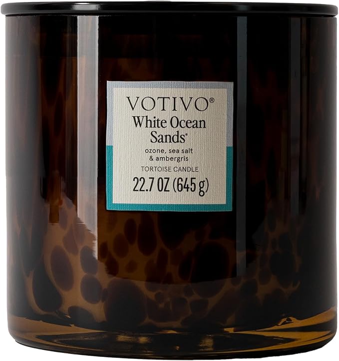 Votivo White Ocean Sands Tortoise Scented Candle | 22.7 oz Soy Wax Blend | Beach Scent | Decorative Home Decor Tortoiseshell Pattern | 100 Hour Burn Time - Bloomnest