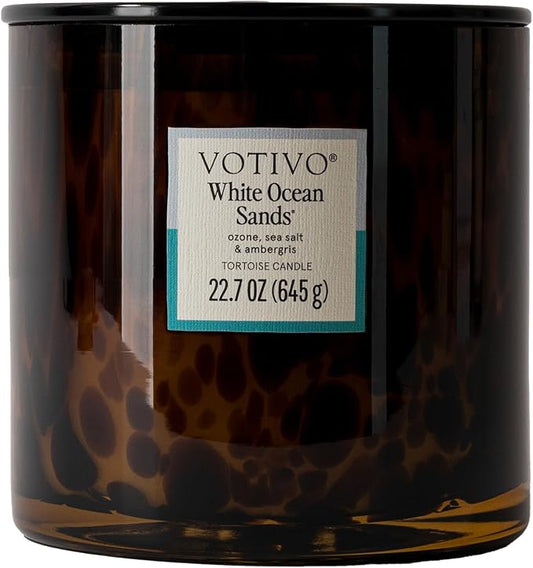 Votivo White Ocean Sands Tortoise Scented Candle | 22.7 oz Soy Wax Blend | Beach Scent | Decorative Home Decor Tortoiseshell Pattern | 100 Hour Burn Time - Bloomnest