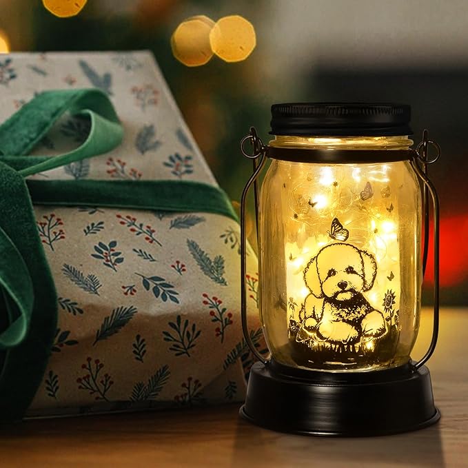 Bichon Dog Gifts for Women/Men Bichon Frise Solar Lanterns Birthday Dog Lovers Lantern Pet Loss Dog Memorial Lights Solar Garden Decoration for Yard, Patio,Backyard,Porch Torches Light - Bloomnest