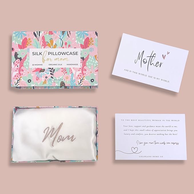 Mom Silk Pillowcase with Mom Embroidery for Mother's Day, for Mom, Wife, Daughter or Sister, Mother's Day Insert Card with Gift Box - Bloomnest