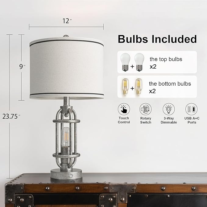 23.75'' Table Lamps Set of 2 for Living Room Bedroom Industrial Farmhouse Metal Touch Lamps with USB A+C Ports, Night Light Vintage Nightstand Bedside Lamp, Bulbs Included, Antique Silver - Bloomnest