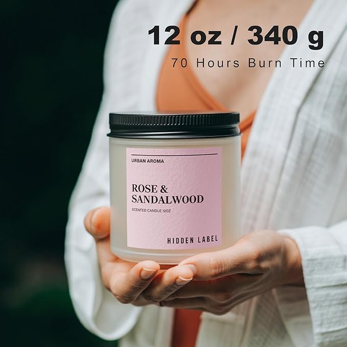 Hidden Label Rose & Sandalwood Scented Candle, 12oz 2 Wick Natural Soy Non Toxic Candles, Clean Burning Long Lasting Aromatherapy for Home | Gifts | Décor,Premium Scents for Relaxation & Stress Relief - Bloomnest