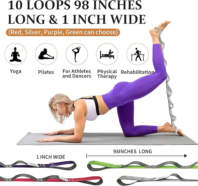 Stretching Strap Yoga Strap, 10 Loops Non-Elastic Stretch Bands Helps Women and Men Improve Flexibility for Home Workout, Physical Therapy, Pilates, Exercise, Dance, Comes with Door Anchor - Bloomnest