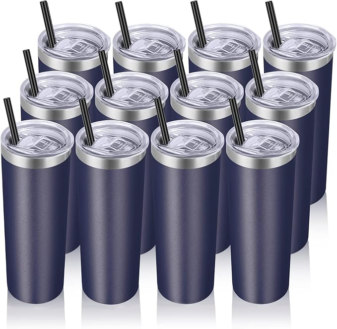 VEGOND Stainless Steel Tumblers Bulk 12 Pack, 20 oz Vacuum Insulated Skinny Tumblers with Lids and Straws, Double Wall Coffee Mug, Travel Water Cup, Navy Blue - Bloomnest