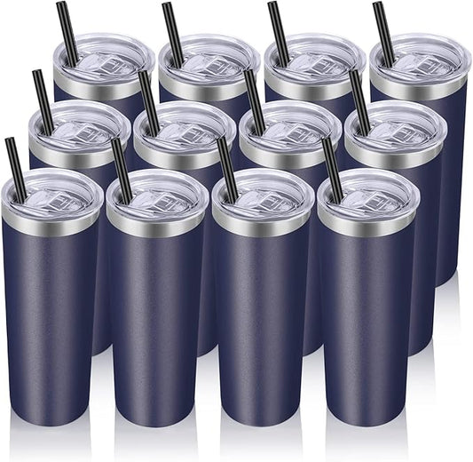 VEGOND Stainless Steel Tumblers Bulk 12 Pack, 20 oz Vacuum Insulated Skinny Tumblers with Lids and Straws, Double Wall Coffee Mug, Travel Water Cup, Navy Blue - Bloomnest