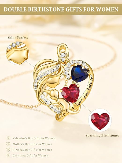 14K Gold Double Birthstone Heart Necklace for Women Mom, Mother Son/Daughter Pendant Necklace for Christmas Mother's Day Birthday Gifts for Wife Daughter Grandmom - Bloomnest