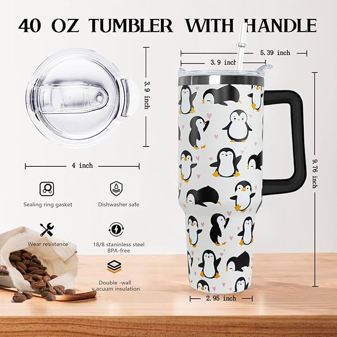 Ceovfoi 40 Oz Penguin Tumbler With Handle, Coffee Travel Mug Cup Water Bottle, Penguin Decor and Gifts for Women - Bloomnest