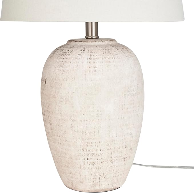 Nourison Home 23" Distressed Cream/Beige Rustic Ceramic Jar Table Lamp for Bedroom, Living Room, Dining Office, with Ivory Shade - Bloomnest
