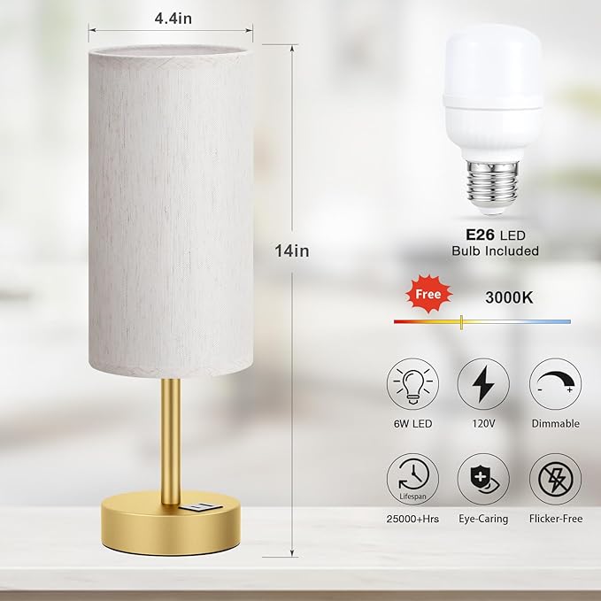Small Touch Bedside Lamp with USB - 3 Way Dimmable Gold Table Lamp for Bedroom, Nightstand Lamp with Gold Charging Station for Desk Dorm, Office - Bloomnest