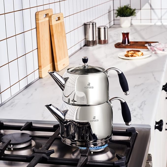 Karaca Stella Stainless Steel Turkish Teapot Set XL, 1L Tea Pot & 2L Water Tank (Kettle), Stove Top/Induction Compatible, Elegant Silver Color, Easy to Clean, Heat-Resistant Handles - Bloomnest