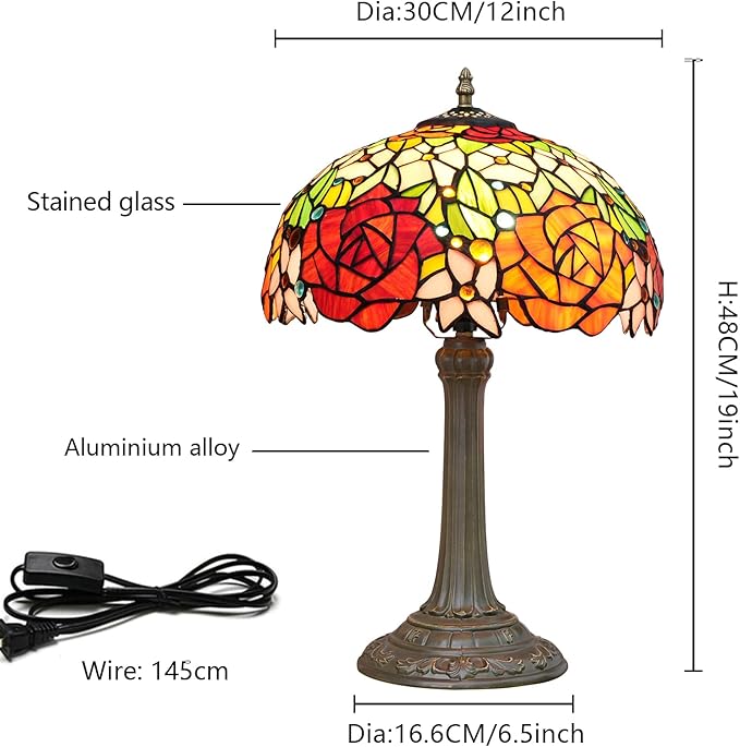 Tiffany Lamp Bedside Table Lamp-Nightstand,Stained Glass Lamp for Bedroom Dorm Living Kitchen, Aesthetic Cute Home Decor Gift (Rose Flower) - Bloomnest