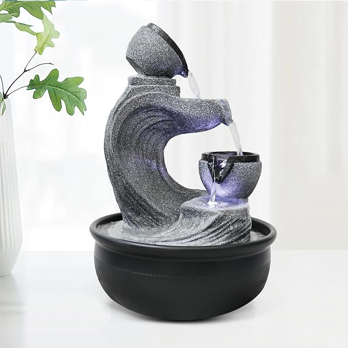 15.7” High Tabletop Water Fountain with LED Lights - 4-Tier Indoor Relaxation Desktop Waterfall Fountain, Cascading Water Feature for Home and Office Decor