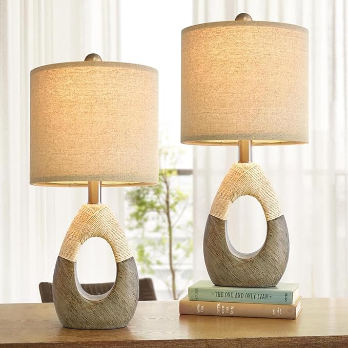 OYEARS 19” Boho Table Lamps Bedroom Living Room Set 2,Suitable for Small Space,Small Farmhouse RattanTable Lamp Rustic Egg Design Resin Light Decoration,Nightstand Bedside Lamps for Office Study Rest - Bloomnest