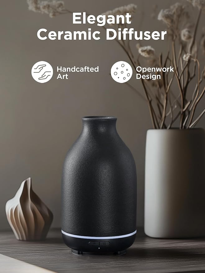 InnoGear Essential Oil Diffuser, 150ml Ceramic Stone Diffuser Handcrafted Aromatherapy Diffusers Ultrasonic Cool Mist Humidifier Vaporizor with 2 Mist Modes Waterless Auto Off for Room Office, Black - Bloomnest