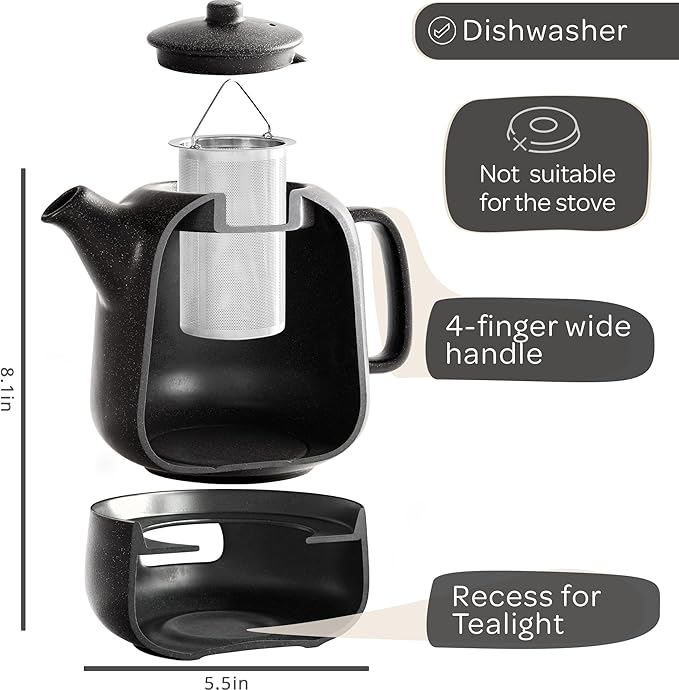 Steinzeit Design Tea Pot with Warmer (44 oz) - Premium Ceramic Teapot with Infuser for Loose Tea - Black Teapot Ceramic with Removable Steamer - Bloomnest