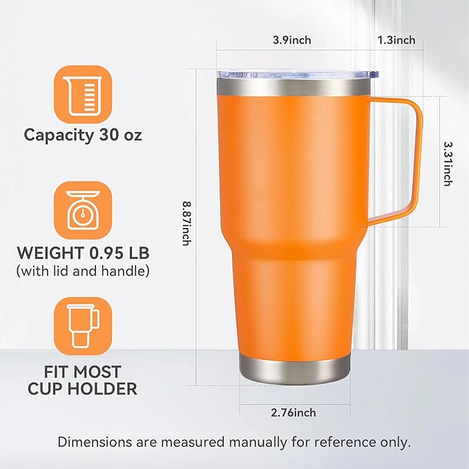 30 oz Tumbler with Handle and Lid, Stainless Steel Tumblers Bulk Double Wall Vacuum Insulated Travel Mug Leak Proof Cup Keep Drinks Cold and Hot Orange, 4 Pack