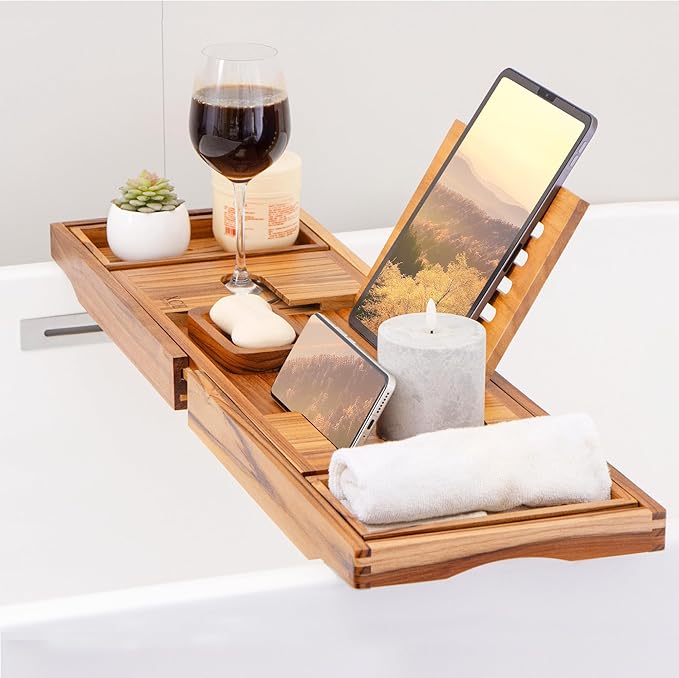 XcE Teak Bathtub Caddy Tray - Expandable to 41 Inches with Book Stand, Soap Holder & Anti-Slip Pads for Luxury Bath Spa, Teak - Bloomnest