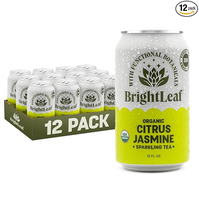 BrightLeaf Regenerative Organic Sparkling Tea, Citrus Jasmine, 12 oz Cans (Pack of 12) – Zero Sugar & Zero Calories – Organic Herbal Tea Drink – Mood-boosting ingredients – Craft Brewed Botanical Beverage - Bloomnest
