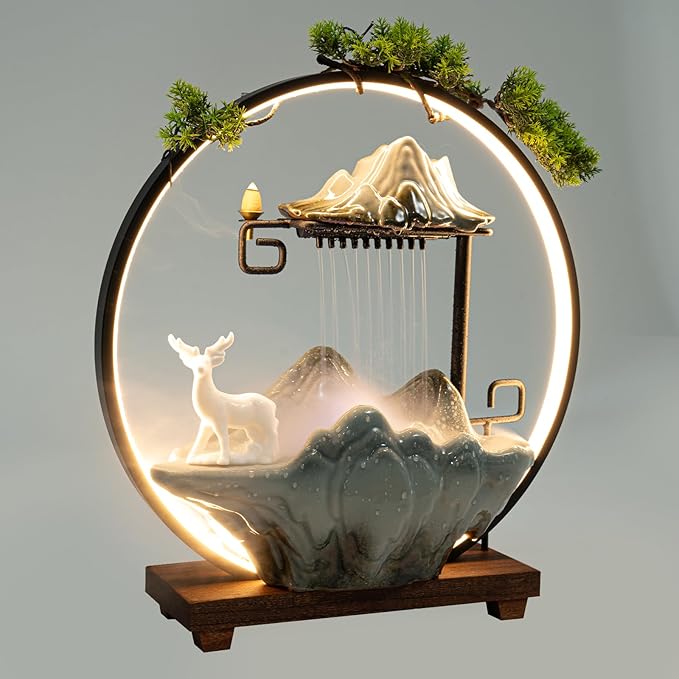 Fountain Waterfall Tabletop with Automatic Pump & LED Light Ceramic Tabletop Water Fountain Indoor Zen Relaxation for Home Office Decor