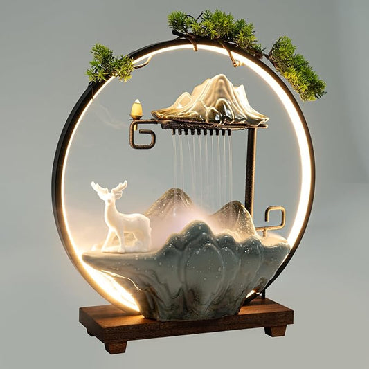 Fountain Waterfall Tabletop with Automatic Pump & LED Light Ceramic Tabletop Water Fountain Indoor Zen Relaxation for Home Office Decor