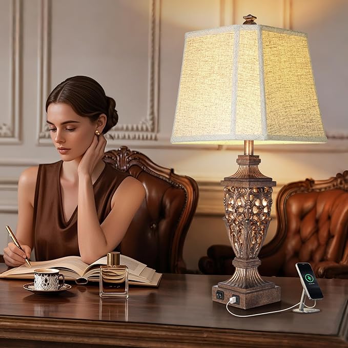 28.5" Vintage Bronze Table Lamps Set Of 2 with Night Light,Lamps for Nightstand with Beige Linen Cut Corner Shade,Bedside Lamp with USB A+C Ports for Bedrooms,Living Room,Office,Hotel(Bulb Included) - Bloomnest