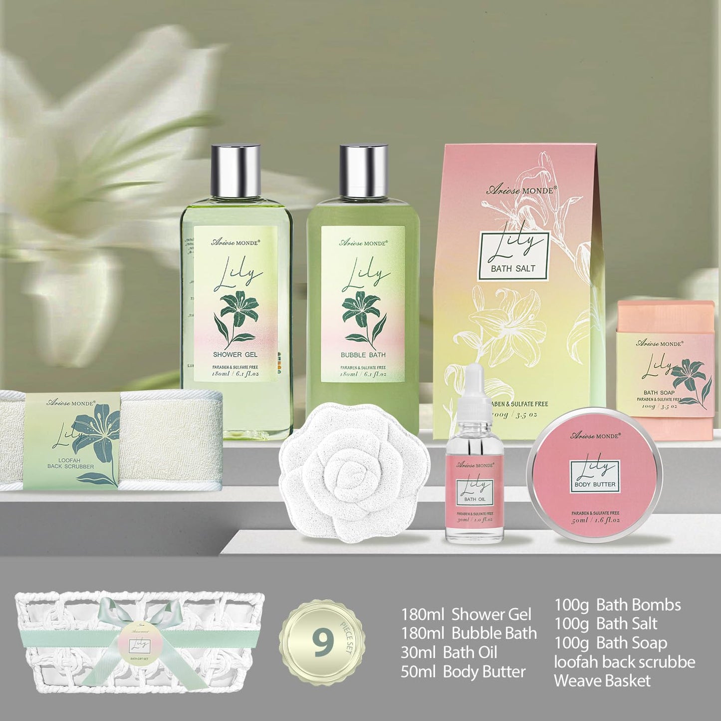 Spa Gift Baskets for Women Bath and Body Gift Set, 9pcs Spa Gifts for Women, Lily Bath Gift Set with Bubble Bath, Body Lotion, Christmas Gifts for Her Relaxing Bath Sets