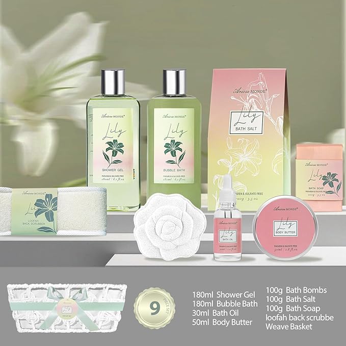 Spa Gift Baskets for Women Bath and Body Gift Set, 9pcs Spa Gifts for Women, Lily Bath Gift Set with Bubble Bath, Body Lotion, Christmas Gifts for Her Relaxing Bath Sets - Bloomnest