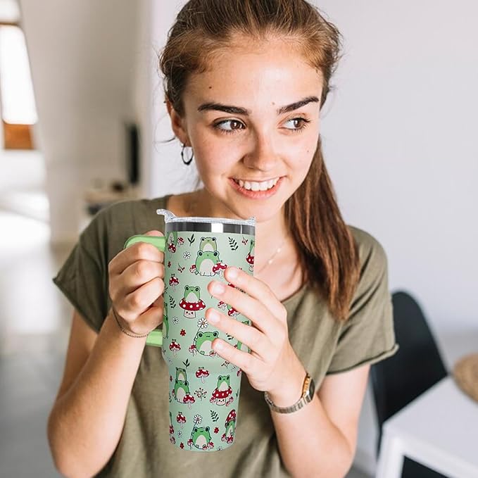 Ceovfoi 40 oz Frog Tumbler With Handle, Lid and Straw - Cute Green Kawaii Mushroom Gifts for Women, Decor, Accessories - Bloomnest
