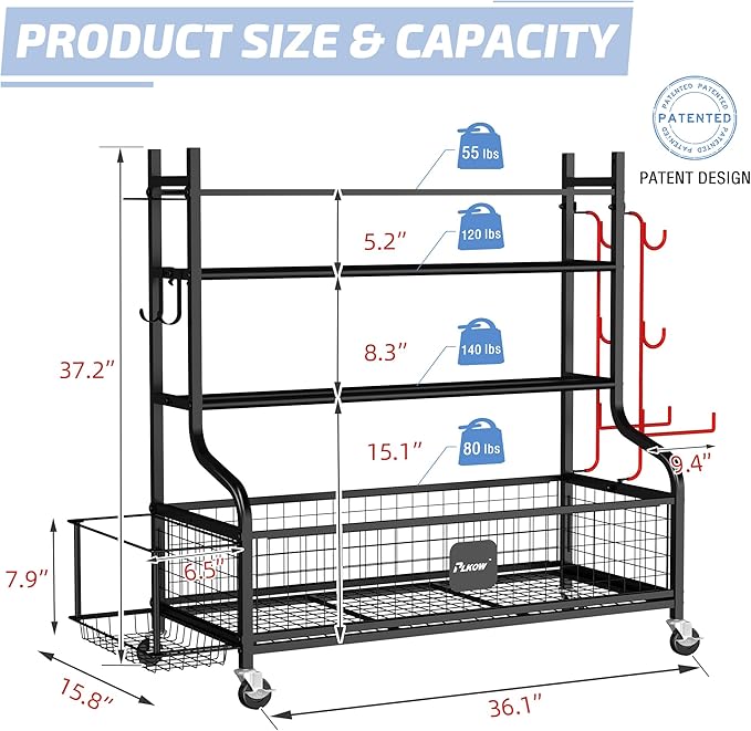 PLKOW Dumbbell Rack, Weight Rack for Dumbbells, Home Gym Storage for Dumbbells Kettlebells Yoga Mat and Balls, All in One Workout Storage with Wheels and Hooks, Powder Coated Finish Steel - Bloomnest