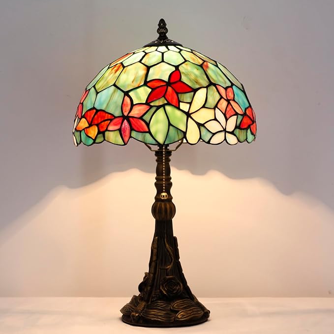Tiffany Stained Glass Table Lamp 12X12X19 Inch Green Red Flowers Style Desk Bedroom Living Room Reading Light (Red Flowers Style) - Bloomnest