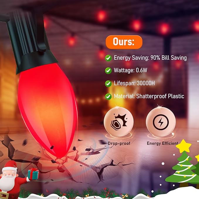 C7 Red LED Light Bulb,25 Pack 0.6w C7 Ceramic Christmas Candle Bulbs With E12 Candelabra Base Vintage Red Replacement Bulbs For Indoor Outdoor Valentine Christmas String Lights, Night Light Bulb - Bloomnest