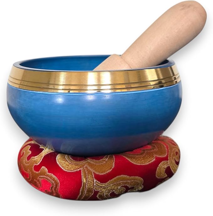 4” Tibetan Singing Bowl Set – Includes Handmade Cushion, Wooden Mallet & Hand-Stitched Case – Chakra Healing, Meditation Sound Bowl – Made in Nepal (Blue) - Bloomnest