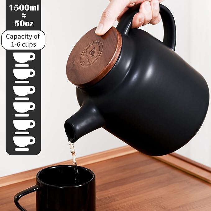 Yundu 1500ml / 50 oz Ceramic Teapot with Infuser & Wood Lid - Matte Black, Loose Leaf Tea Pot with Removable Strainer, Large Capacity - Bloomnest
