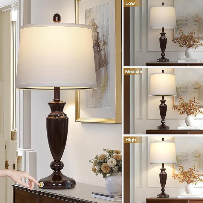 27'' Brown Living Room Lamps Set of 2, 3 Way Touch Control Table Lamps with USB A+C Ports, Modern Bedside Lamps, Elegant Metal Nightstand Lamps for Bedroom Office End Table Decoration - Bloomnest