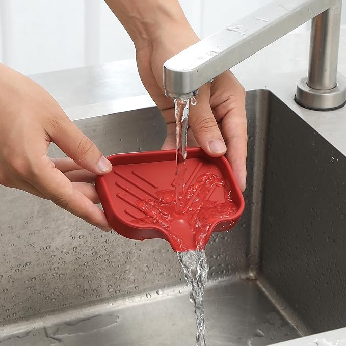 Silicone Bathroom Soap Dishes with Drain Spout-Bathroom and Kitchen Sink Organizer,Sponge Holder,Dish Soap Tray,Perfect for Dispenser,Scrubber,Bottle,Cup on Sink or Counter-Red 4.9"×3.2" - Bloomnest