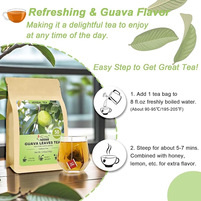 FullChea - Guava Leaves Tea Bags, 50 Teabags - Hojas De Guayaba, Premium Guava Leaf Tea - Non-GMO - Caffeine-free - Boost Immunity & Rich in Antioxidants - Bloomnest