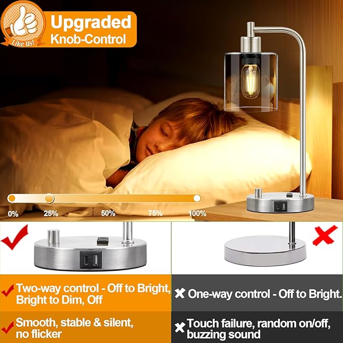 Set of 2 Industrial Table Lamps with USB C+A Ports and Outlet, Brushed Nickle Fully Stepless Dimmable Bedside Lamps, Nightstand Lamp with Clear Glass Shade for Bedroom Living Room 2 LED Bulb Included - Bloomnest