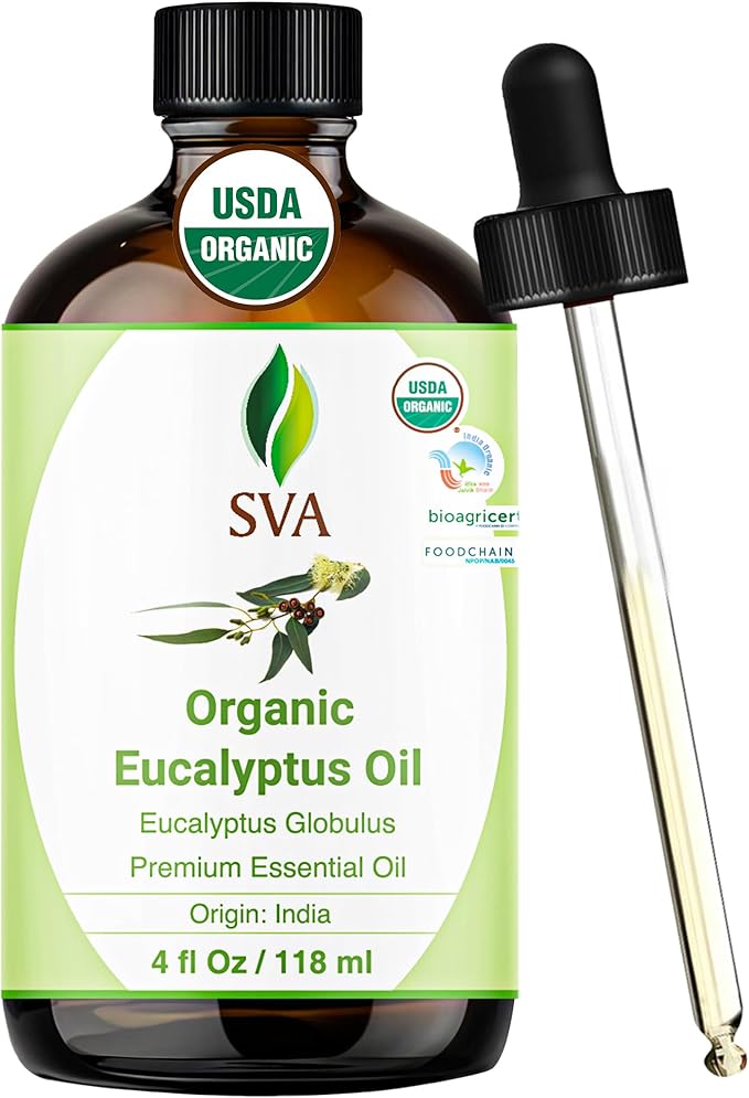 SVA Eucalyptus Essential Oil Organic – 4 Fl Oz – 100% Natural Organic Eucalyptus Oil - for Diffuser, Hair, Face, Skin Care, Aromatherapy, Scalp and Body Massage, Soap and Candle Making - with Dropper - Bloomnest